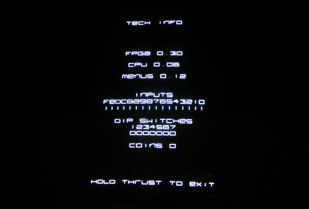 Picture of the Tech Info screen, showing versioning as well as input status for testing controls