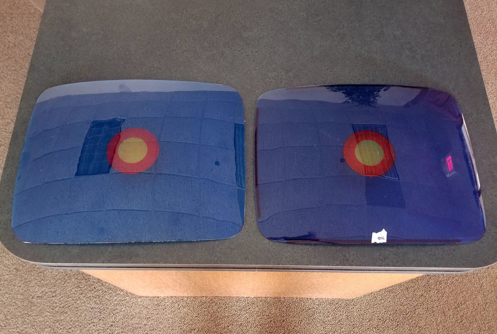 A sample reproduction overlay is on the left, original is on the right. This sample was digitally printed, while the final version will be colored matched and use high quality automotive inks. Also, the edges here were rough cut, whereas the final version will be routed and smoothed.